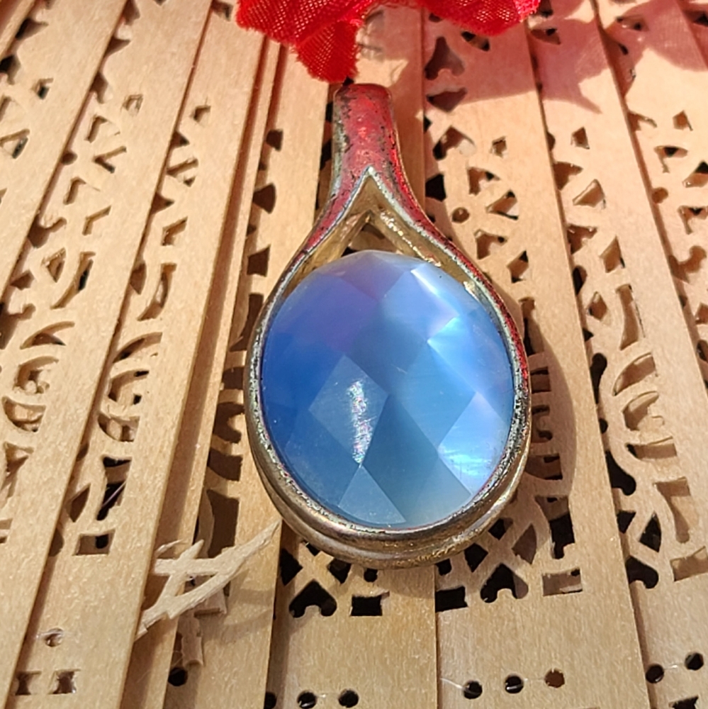 Unique Vintage Red Ribbon Blue Pendant Necklace